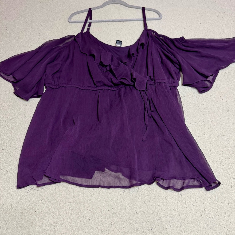 Torrid Purple Ruffled Blouse with Cold-Shoulder Cutouts